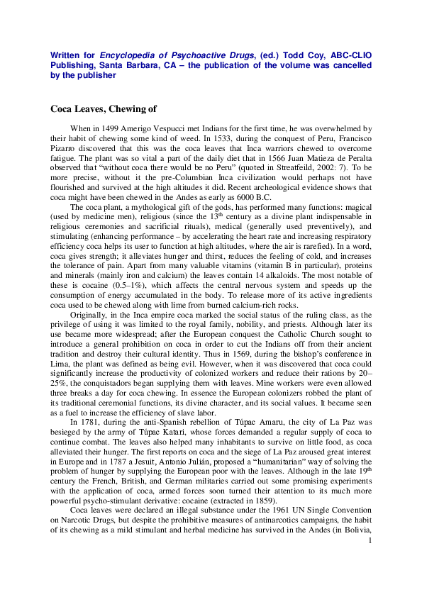 (PDF) Chewing of Coca Leaves Lukasz Kamienski Academia.edu