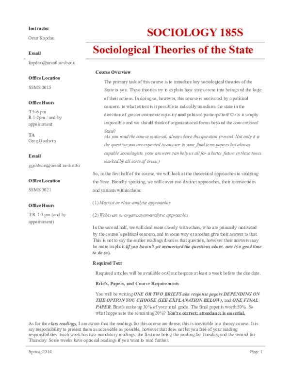(DOC) Syllabus for Sociological Theories of State
