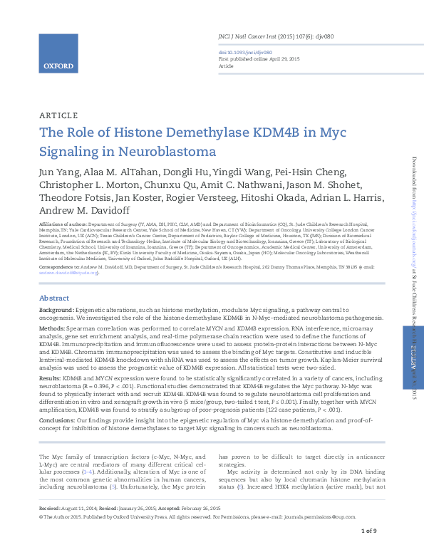 (PDF) The Role of Histone Demethylase KDM4B in Myc Signaling in ...