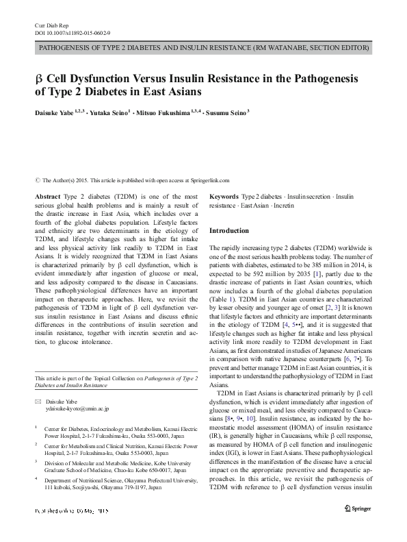(PDF) β Cell Dysfunction Versus Insulin Resistance in the Pathogenesis ...