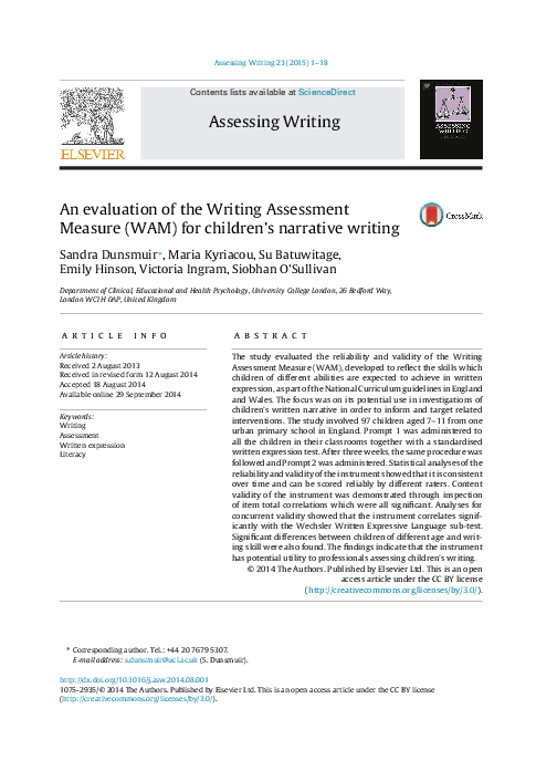 (PDF) An evaluation of the Writing Assessment Measure (WAM) for ...