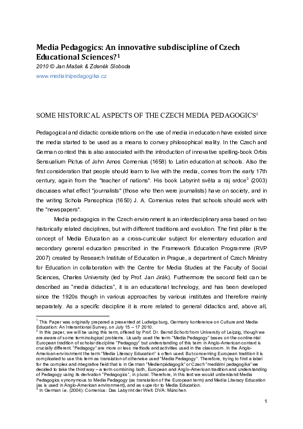 (PDF) Media Pedagogics: An Innovative Subdiscipline of Czech ...