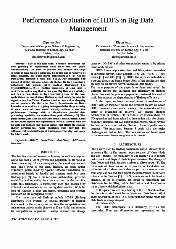 (PDF) Performance Evaluation of HDFS in Big Data Management