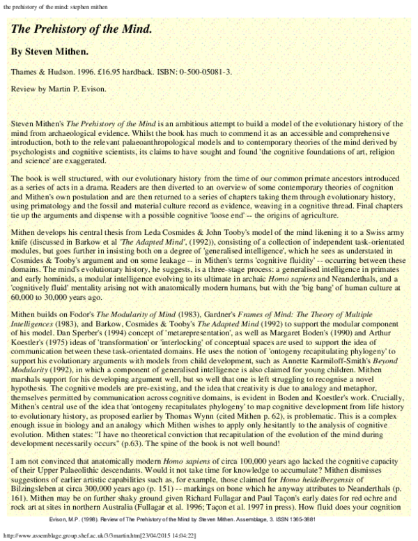 (PDF) Review of “The Prehistory of the Mind” by Steven Mithen