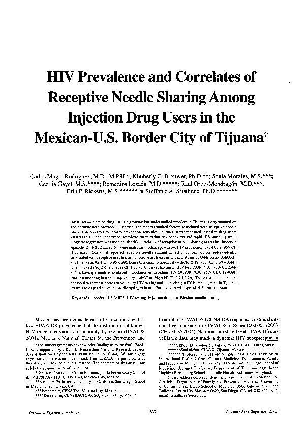 (PDF) HIV Prevalence and Correlates of Receptive Needle Sharing Among ...