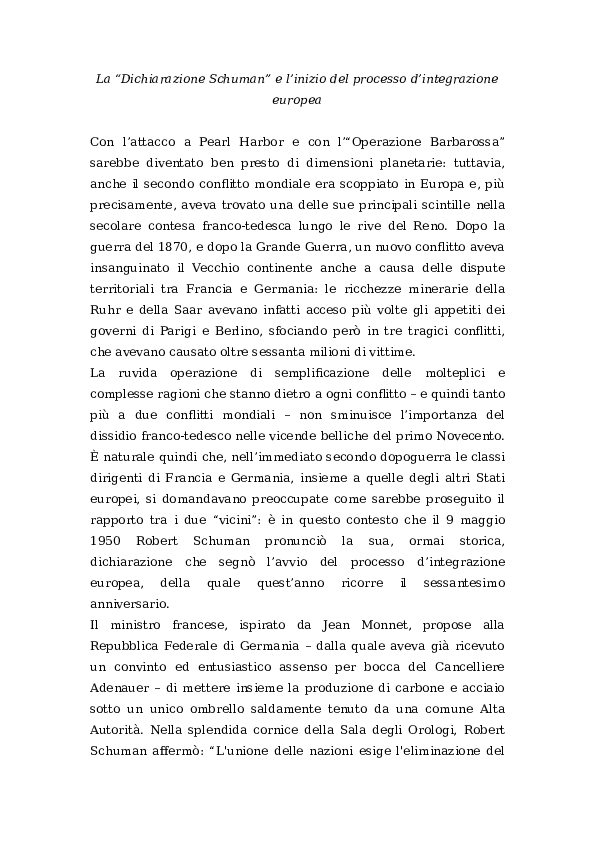 (DOC) La dichiarazione Schuman e l'avvio del processo d'integrazione