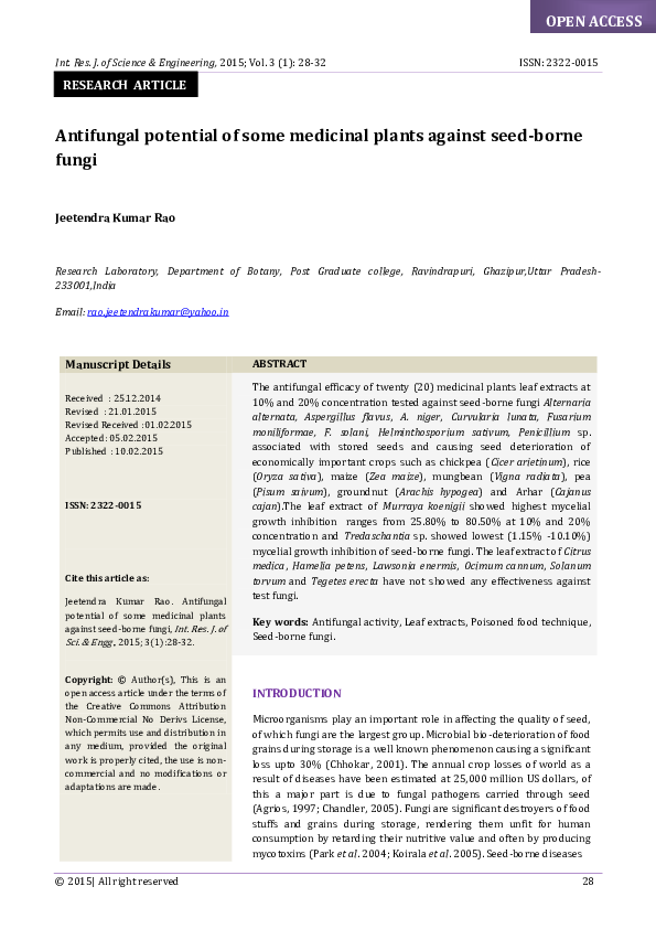 (PDF) Antifungal potential of some medicinal plants against seedborne