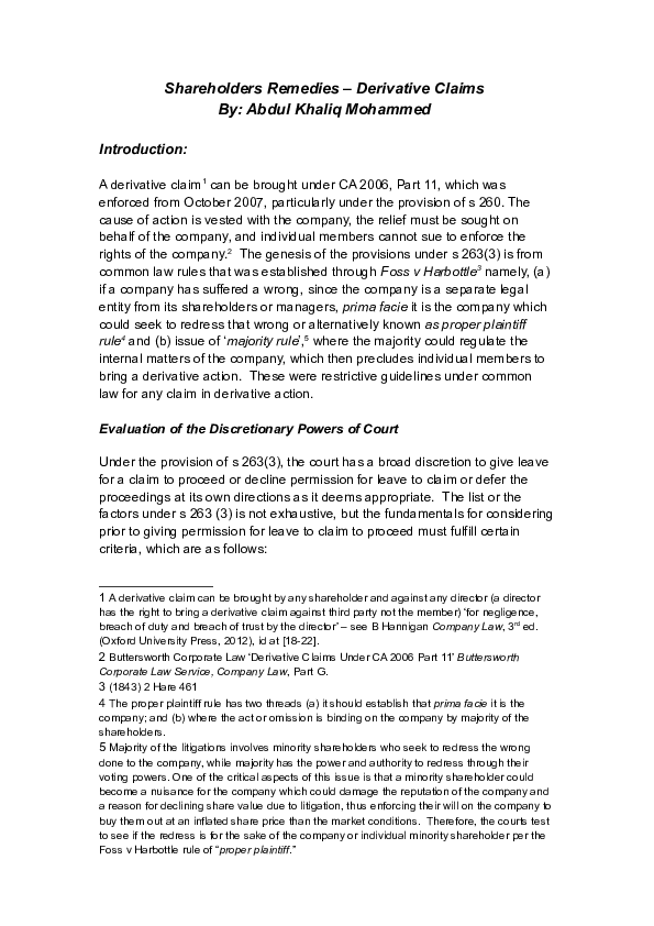 Derivative claim remedies picture
