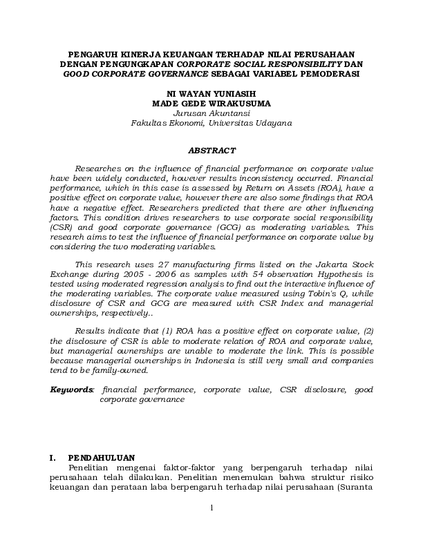 Pdf Pengaruh Kinerja Keuangan Terhadap Nilai Perusahaan Dengan Pengungkapan Corporate Social Responsibility Dan Good Corporate Governance Sebagai Variabel Pemoderasi Ni Wayan Yuniasih Made Gede Wirakusuma Herlina Octaviana Academia Edu