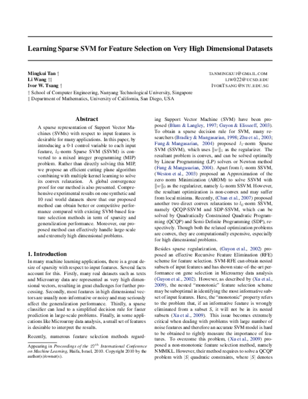 (PDF) Learning Sparse SVM for Feature Selection on Very High ...