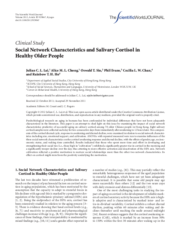 (PDF) Social Network Characteristics and Salivary Cortisol in Healthy ...