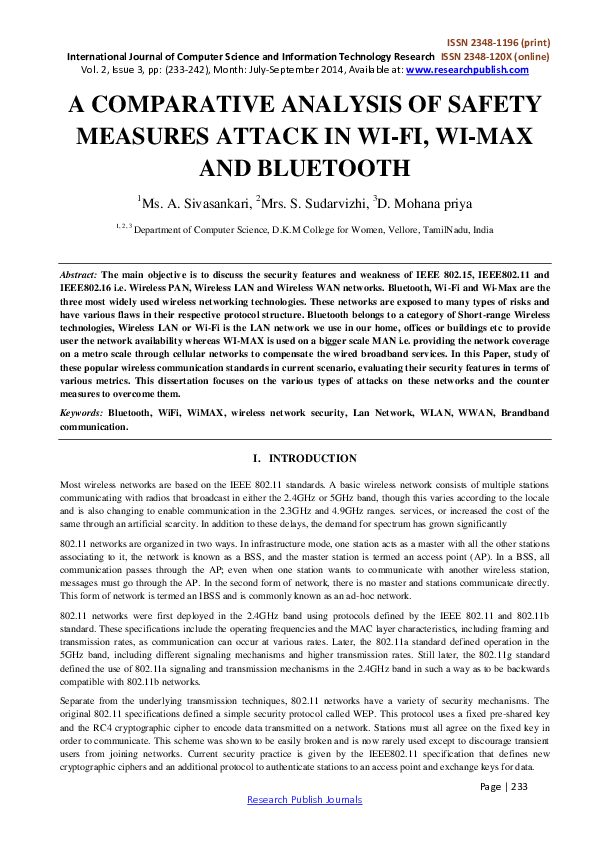 (PDF) A COMPARATIVE ANALYSIS OF SAFETY MEASURES ATTACK IN WI-FI, WI-MAX ...