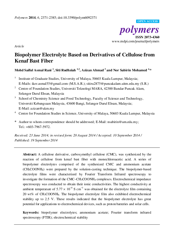 (PDF) Biopolymer Electrolyte Based on Derivatives of Cellulose from ...