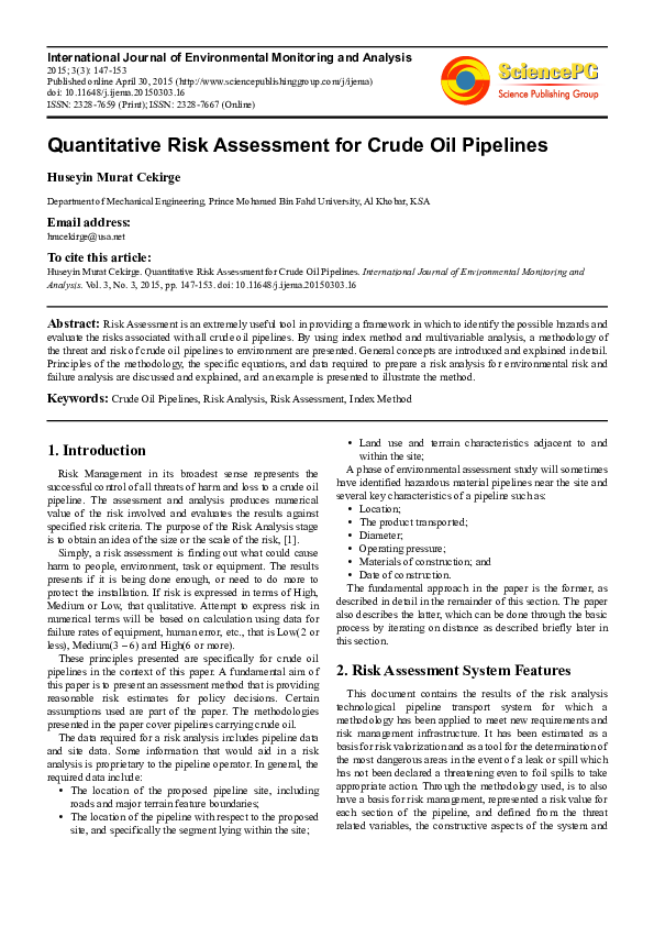 (PDF) Quantitative Risk Assessment for Crude Oil Pipelines HUSEYIN MURAT CEKIRGE Academia.edu