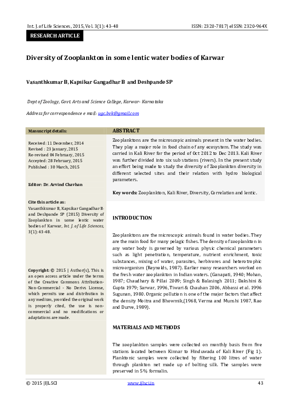 (PDF) Diversity of Zooplankton in some lentic water bodies of Karwar