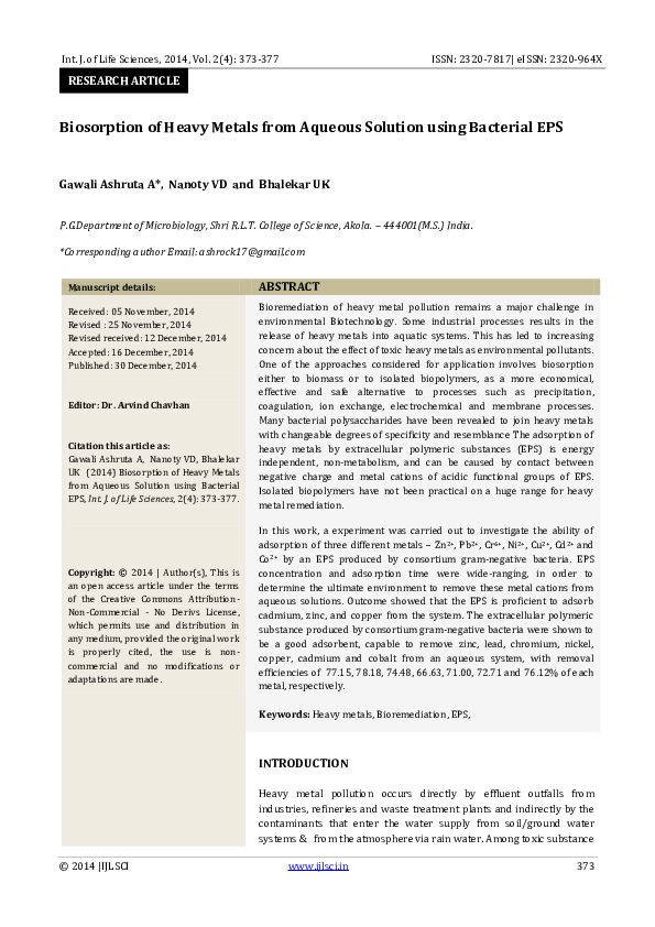 (PDF) Biosorption of Heavy Metals from Aqueous Solution using Bacterial EPS