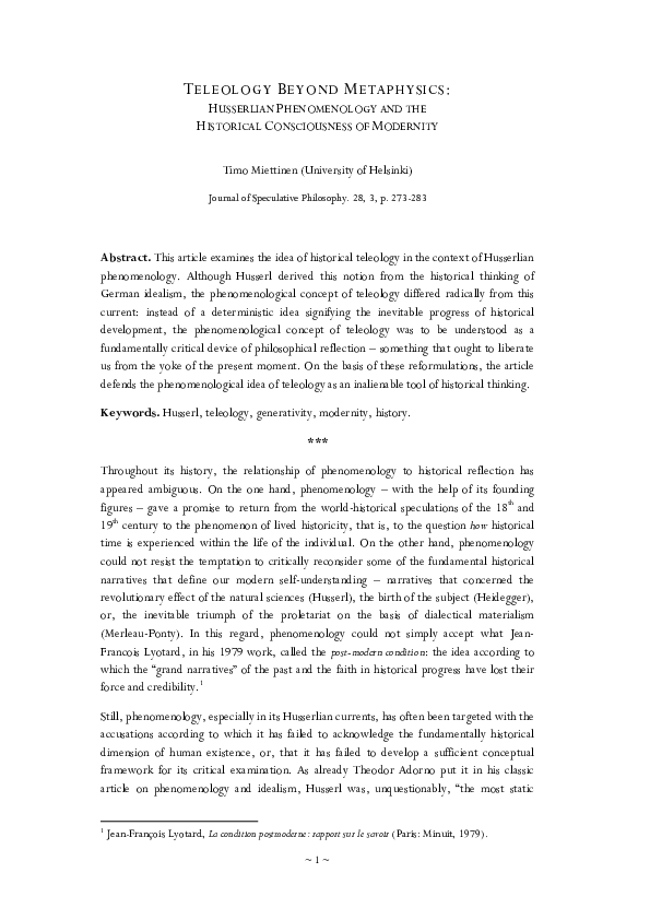 (PDF) Teleology beyond metaphysics: Husserlian phenomenology and the ...