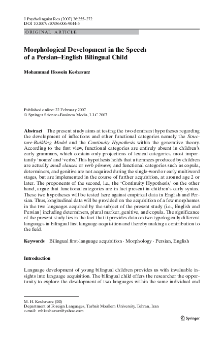 (PDF) Morphological Development in the Speech of a Persian–English ...