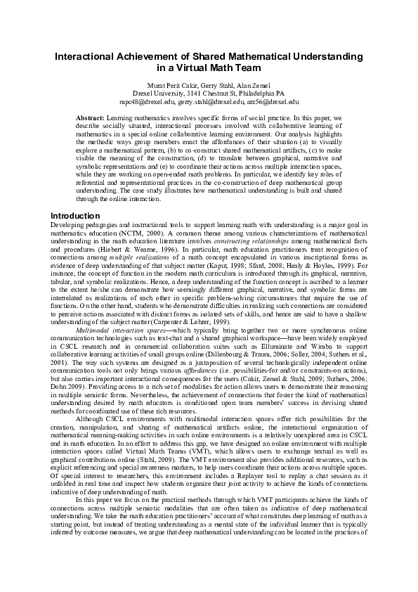 (PDF) Interactional achievement of shared mathematical understanding in ...