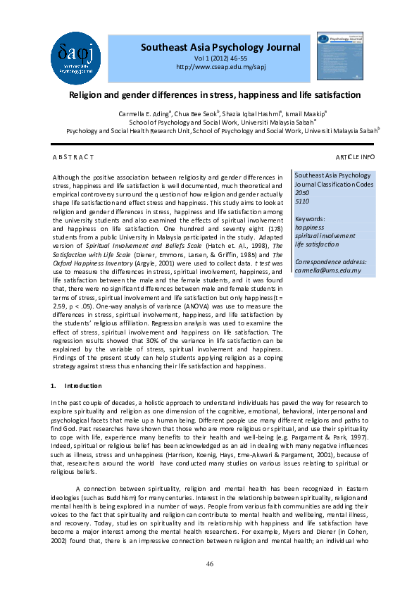 (PDF) Religion and gender differences in stress, happiness and life ...