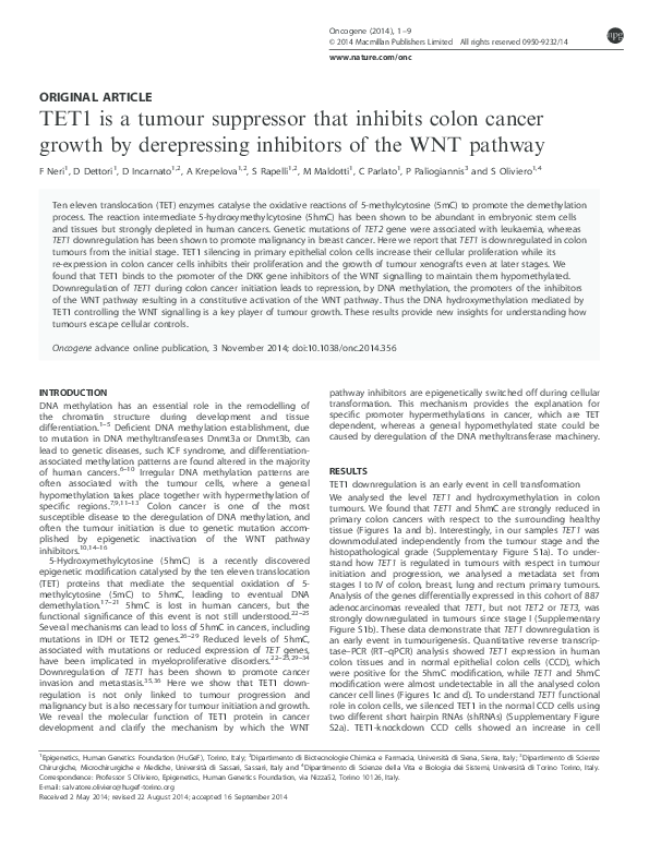 (PDF) TET1 is a tumour suppressor that inhibits colon cancer growth by ...