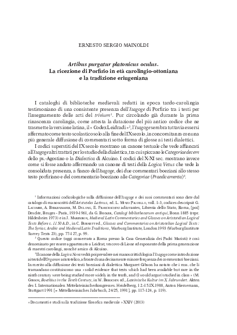 «Artibus purgatur platonicus oculus». La ricezione carolingio-ottoniana di Porfirio e la tradizione eriugeniana, «DOCUMENTI E STUDI SULLA TRADIZIONE FILOSOFICA MEDIEVALE», 24 (2013), pp. 31-68