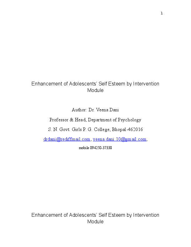 (DOC) Enhancement of Adolescents’ Self Esteem by Intervention Module