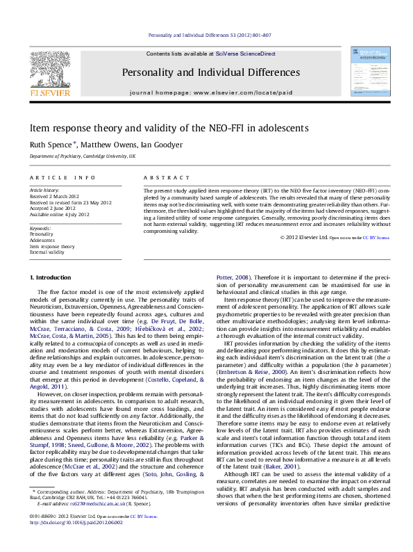 Pdf Item Response Theory And Validity Of The Neo Ffi In Adolescents Ruth Spence Academia Edu