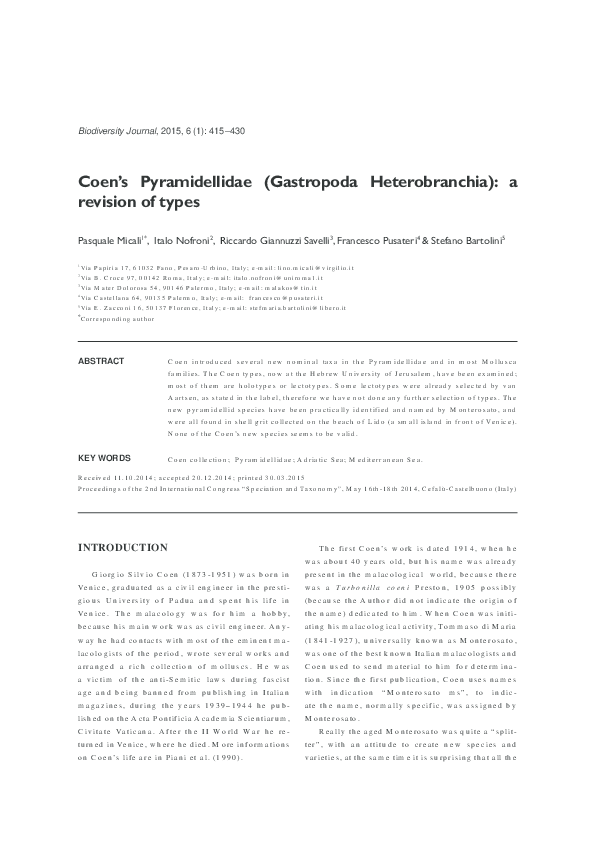 (PDF) Coen’s Pyramidellidae (Gastropoda Heterobranchia): a revision of ...