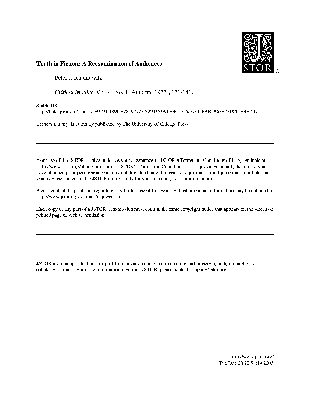 truth in fiction a reexamination of audiences peter j rabinowitz essay rator