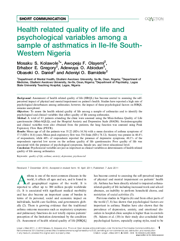 (PDF) Health related quality of life and psychological variables among ...