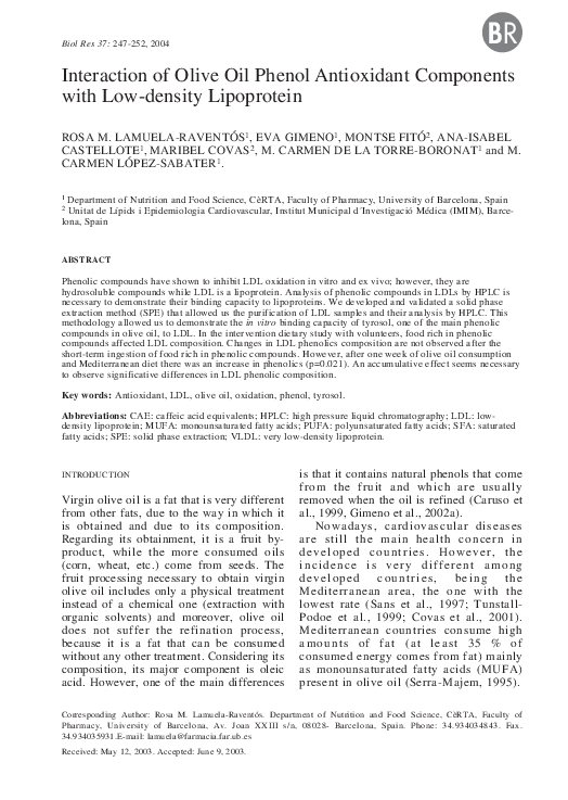 (PDF) Interaction of Olive Oil Phenol Antioxidant Components with Low