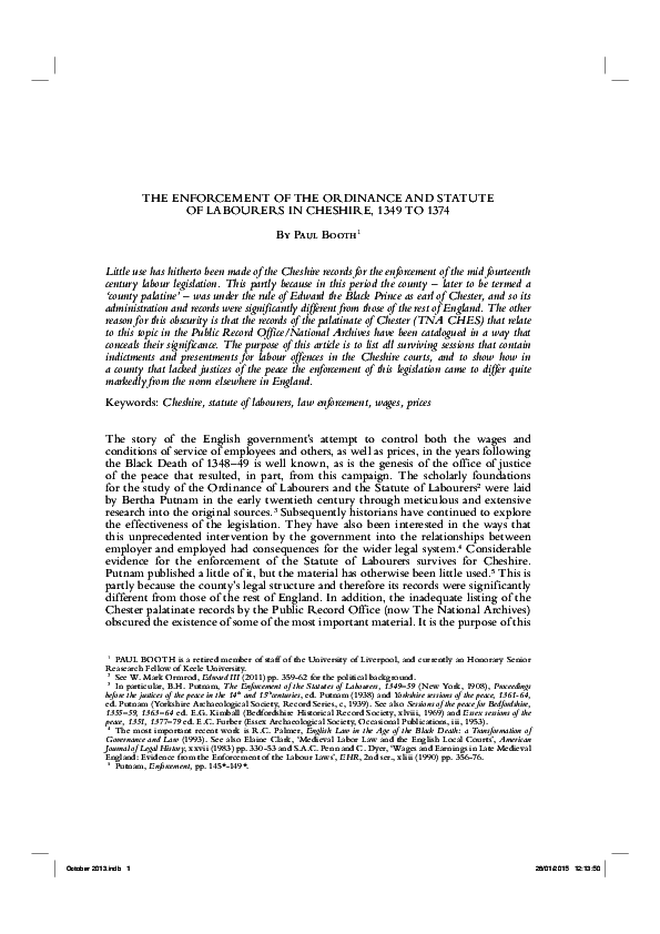 The Enforcement of the Ordinance and Statute of Labourers in Cheshire, 1349 to 1374