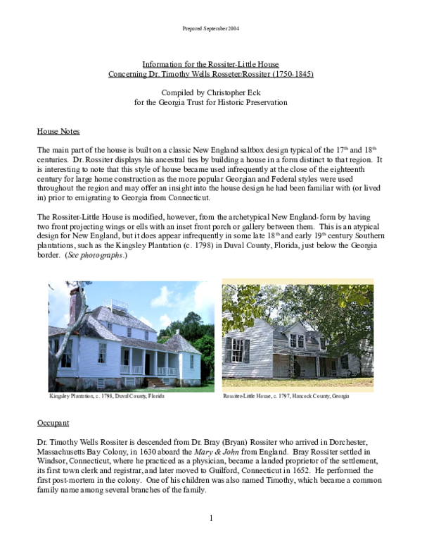 (DOC) Information for the RossiterLittle House Concerning Dr. Timothy Wells Rosseter/Rossiter