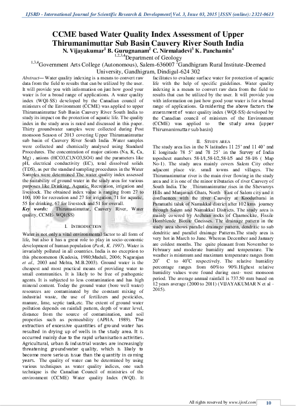 (PDF) CCME based Water Quality Index Assessment of Upper