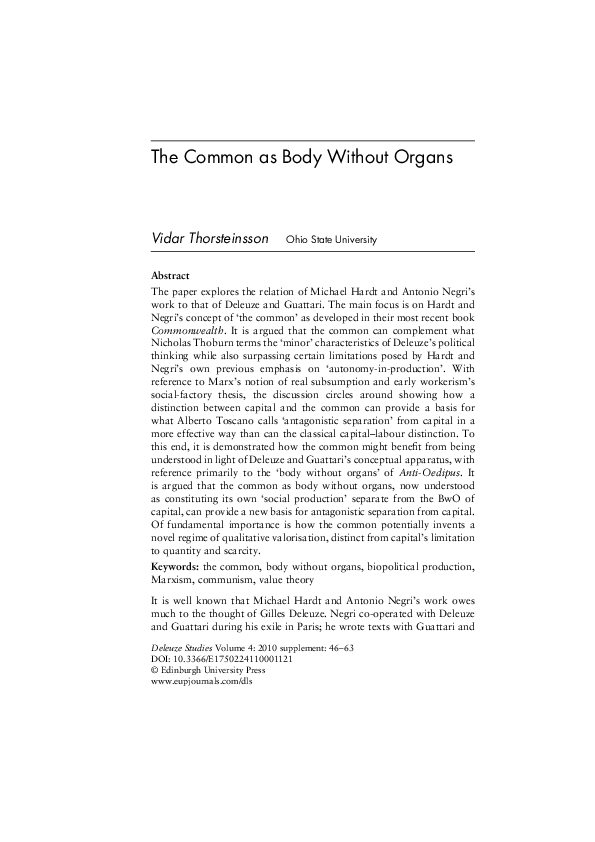 (PDF) The Common as Body Without Organs Vidar Thorsteinsson