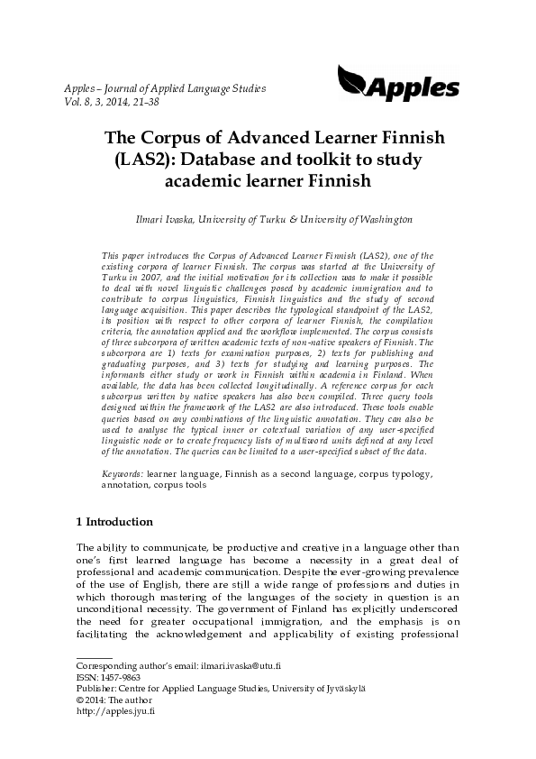 (PDF) The Corpus of Advanced Learner Finnish (LAS2): Database and ...