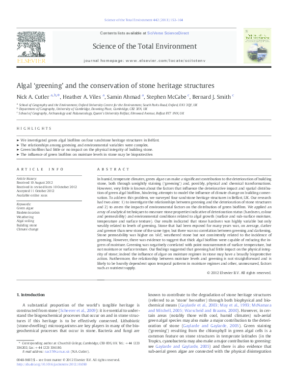 (PDF) Algal ‘greening’and the conservation of stone heritage structures
