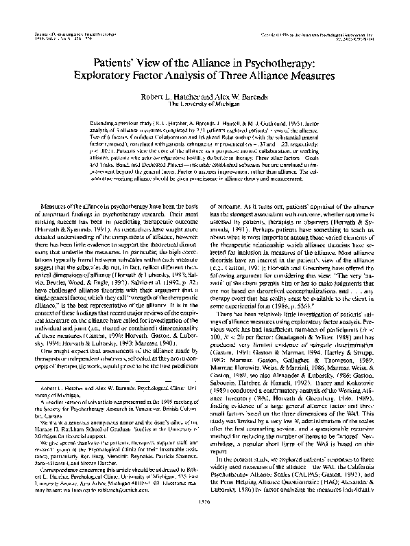 (PDF) Patients' view of the alliance in psychotherapy: Exploratory ...