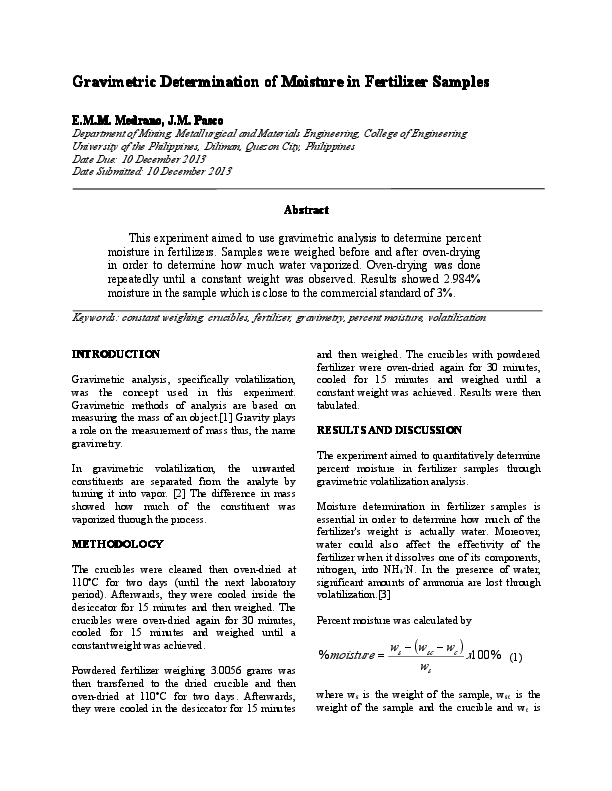 (PDF) [Chem 28] Gravimetric Determination of Moisture in Fertilizer