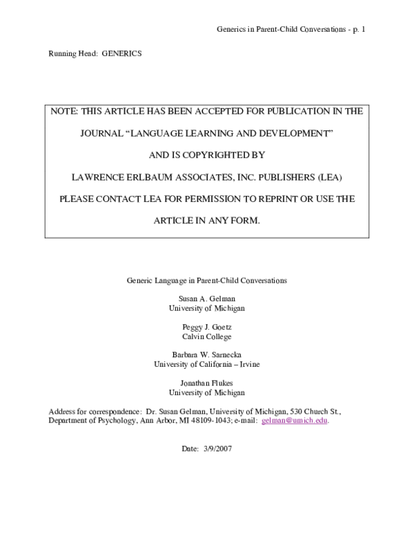 (PDF) Generic Language in Parent-Child Conversations