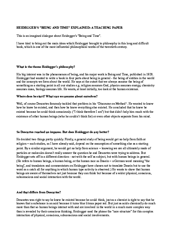 Doc Heidegger S Being And Time Explained A Teaching Paper