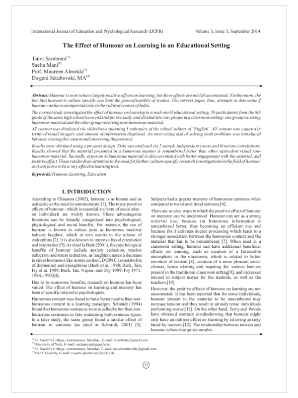 (PDF) The Effect of Humour on Learning in an Educational Setting