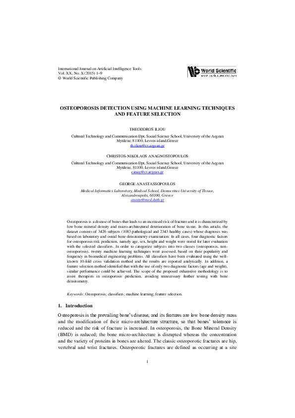(PDF) Osteoporosis detection using machine learning techniques and ...