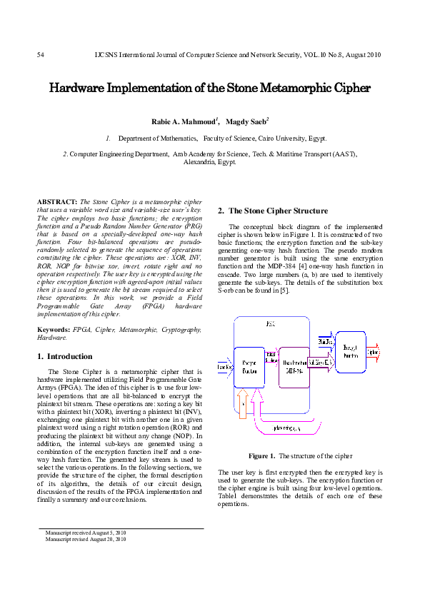 (PDF) Hardware Implementation of the Stone Metamorphic Cipher