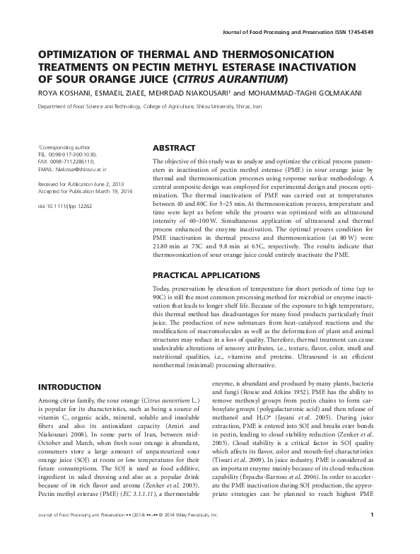 (PDF) OPTIMIZATION OF THERMAL AND THERMOSONICATION TREATMENTS ON PECTIN