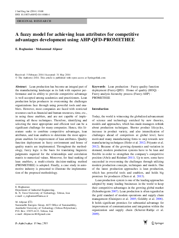 (PDF) A fuzzy model for achieving lean attributes for competitive ...