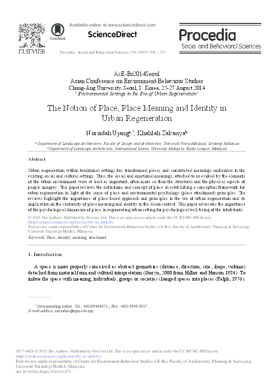 (PDF) The Notion of Place, Place Meaning and Identity in Urban Regeneration