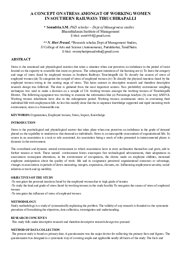 (DOC) A CONCEPT ON STRESS AMONGST OF WORKING WOMEN IN SOUTHERN RAILWAYS ...