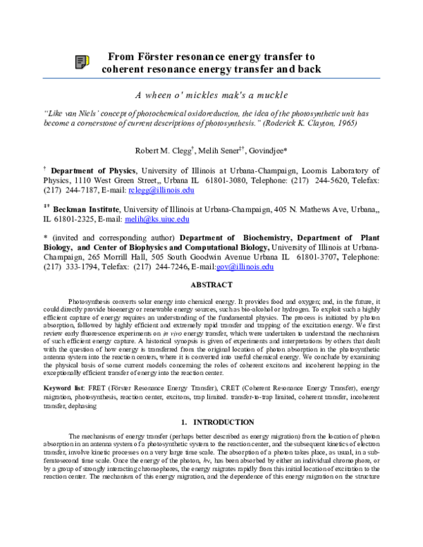 (PDF) From Förster resonance energy transfer to coherent resonance ...
